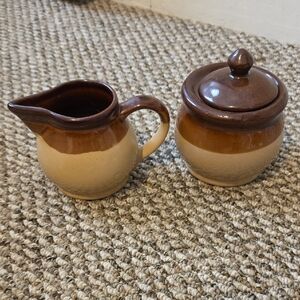 Brown and Tan Ceramic Creamer and Sugar Set